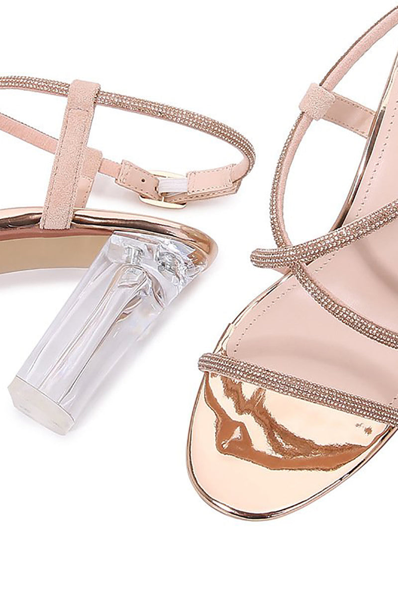 Load image into Gallery viewer, Blush Strappy Rhinestones Chunky Heel Sandals