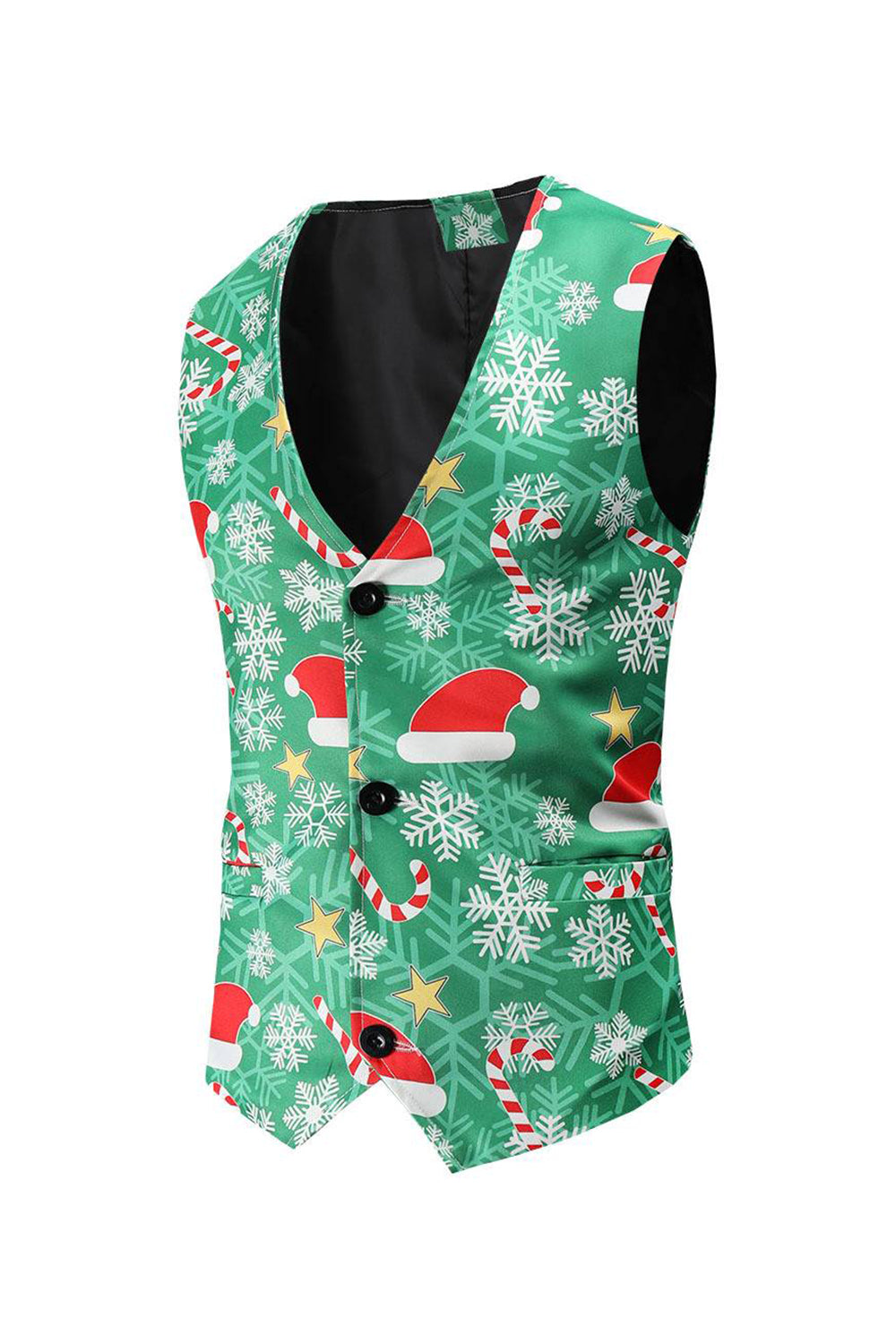 Green Printed Single Breasted Men's Christmas Suit Vest