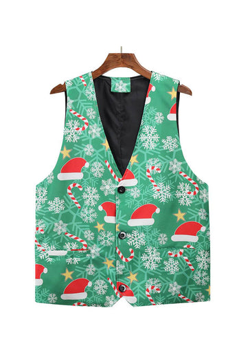 Green Printed Single Breasted Men's Christmas Suit Vest