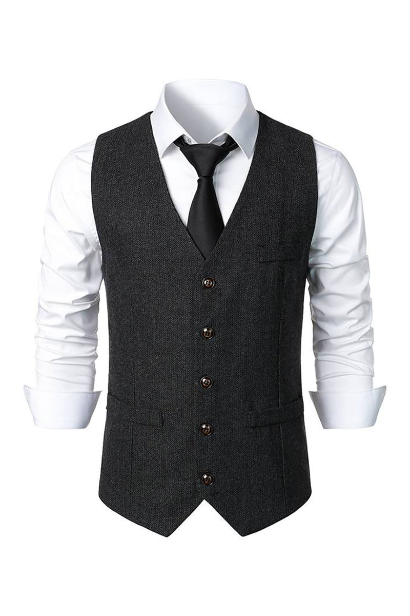 Load image into Gallery viewer, Black Single Breasted  V Neck Men&#39;s Retro Casual Vest