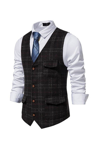 Black Retro Thick Single Breasted Plus Size Men's Suit Vest