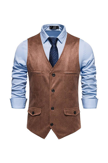 Brown V-Neck Suede Single-Breasted Men's Casual Vest