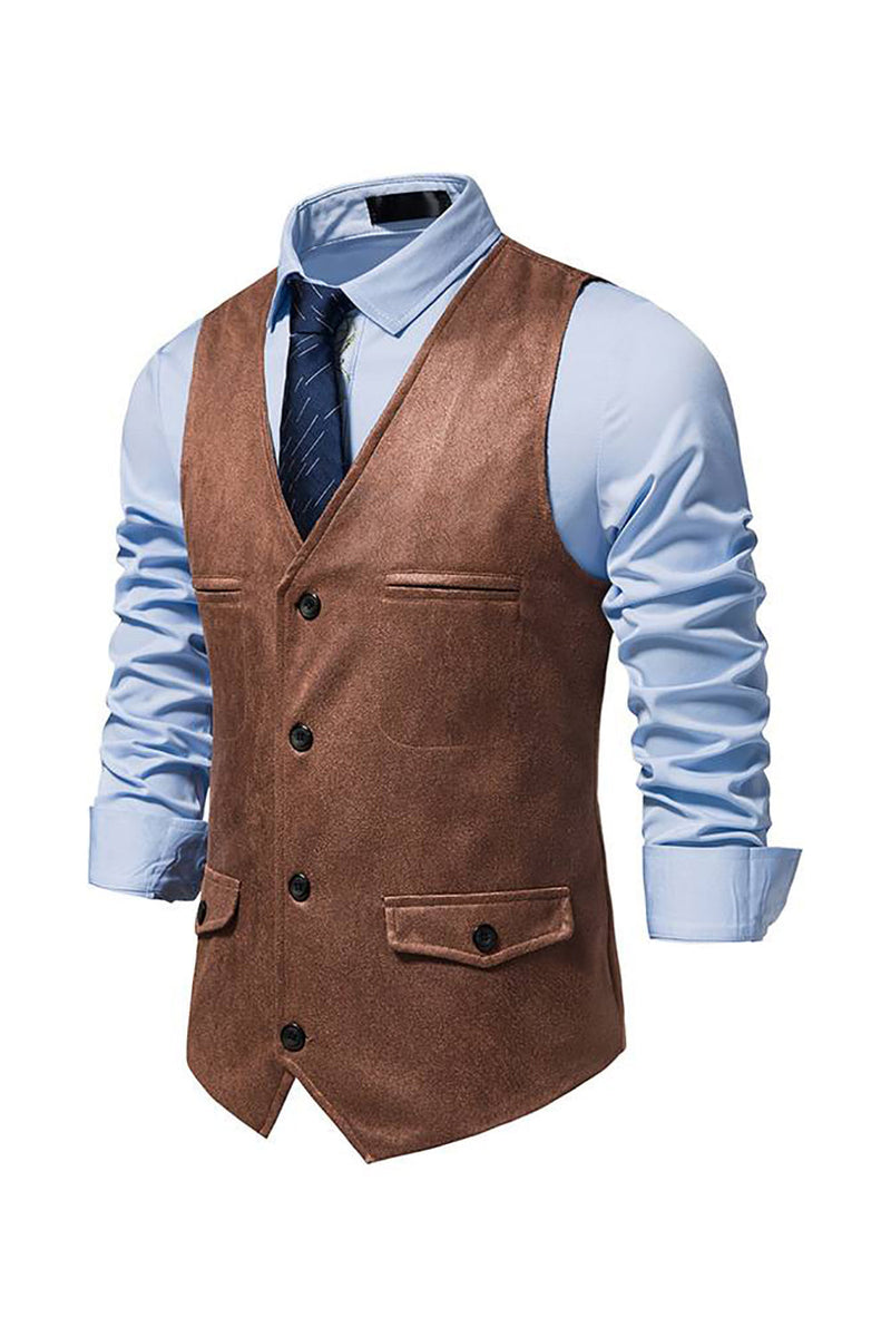 Load image into Gallery viewer, Brown V-Neck Suede Single-Breasted Men&#39;s Casual Vest
