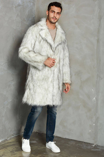 White Notched Lapel Long Faux Fur Men Coat