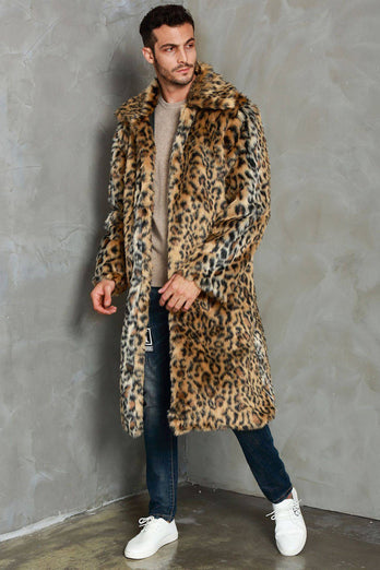 Khaki Leopard Printed Lapel Neck Long Faux Fur Men Coat