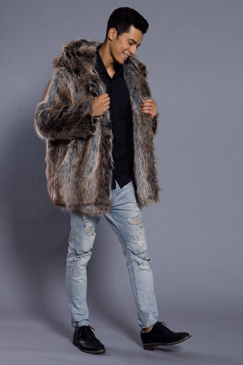 Load image into Gallery viewer, Brown Open Front Lapel Neck Long Faux Fur Men Coat