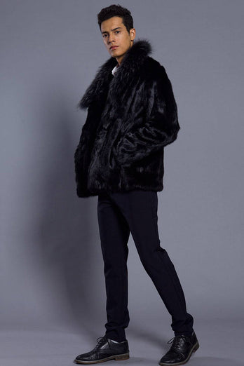 Black Lapel Neck Cropped Faux Fur Men Coat