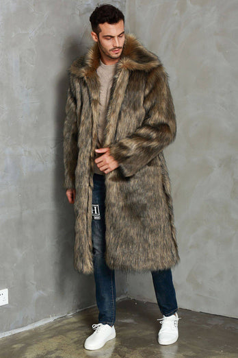 Brown Lapel Neck Long Faux Fur Men Coat