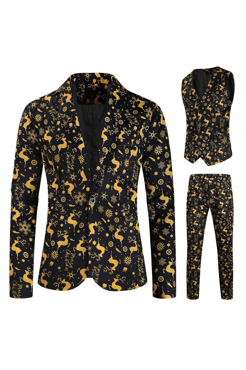 Load image into Gallery viewer, Men&#39;s Christmas Printed Black 3-Piece One Button Party Suits