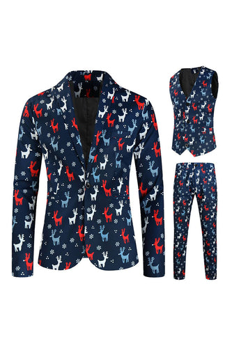 Notched Lapel One Button Elk Dark Blue Christmas Men's Suits