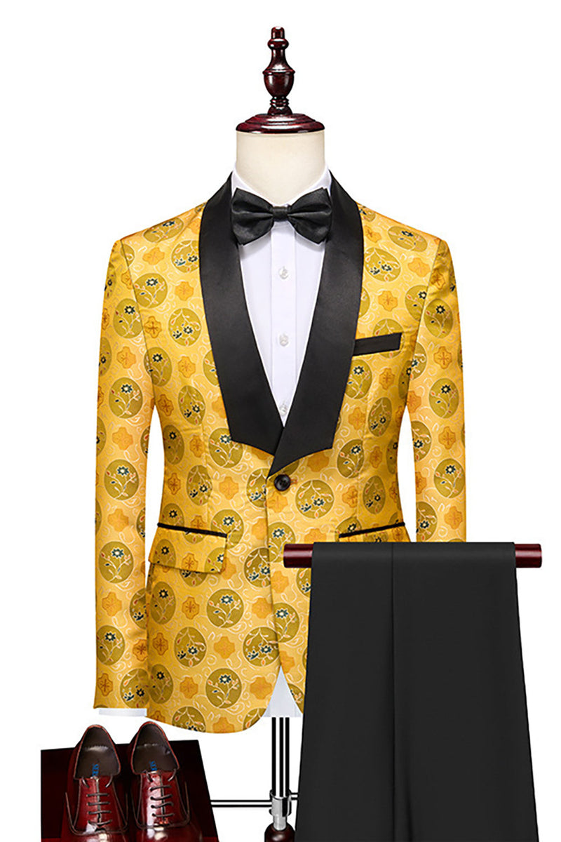 Load image into Gallery viewer, Yellow Jacquard Shawl Lapel 2 Piece Men&#39;s Prom Suits