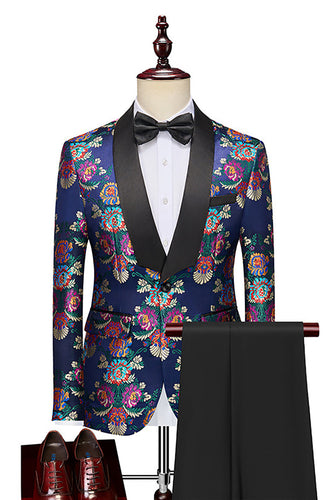 Navy Flower Jacquard 2 Piece Men's Prom Suits