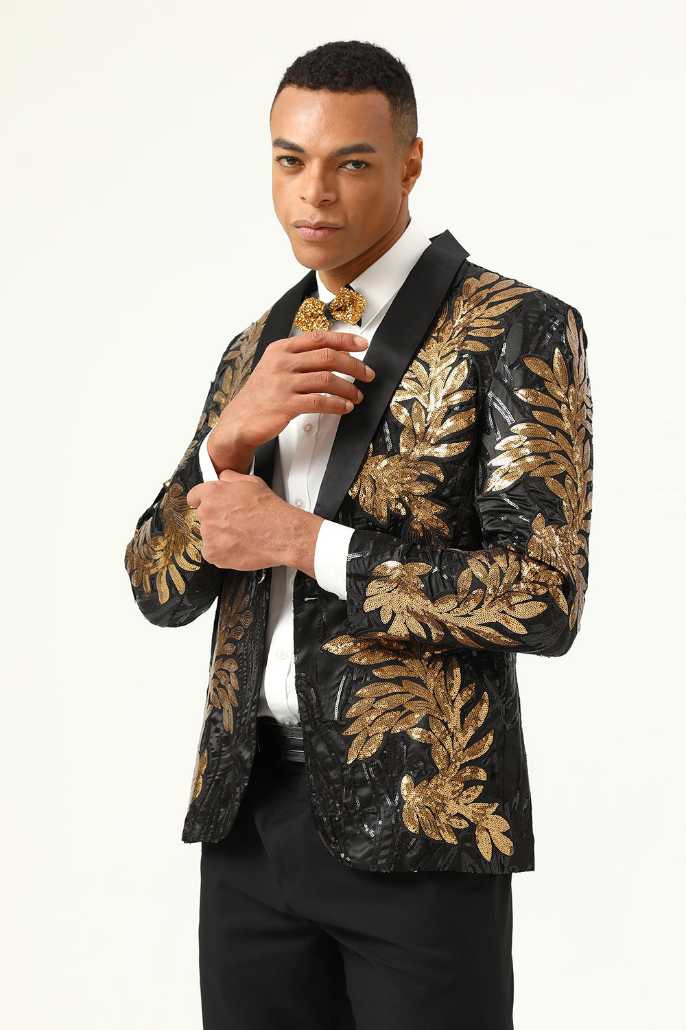 ZAPAKA Black and Gold Sequins Men's 2 Piece Prom Suits Jacquard Shawl ...