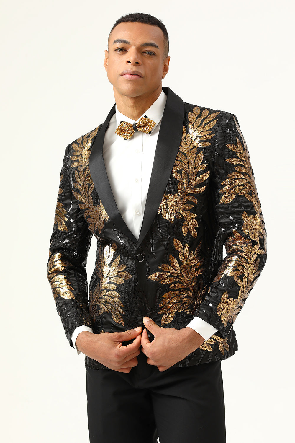 ZAPAKA Black and Gold Sequins Men's 2 Piece Prom Suits Jacquard Shawl ...