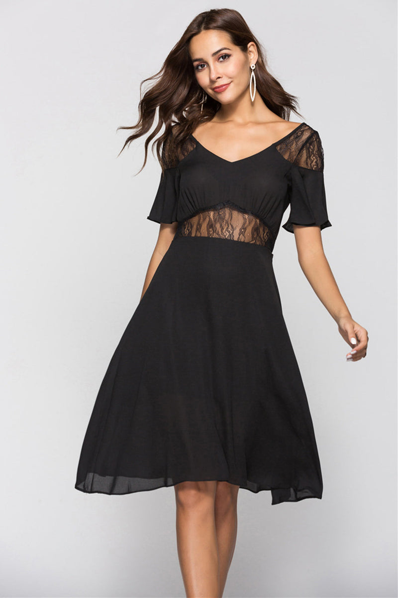 Load image into Gallery viewer, A-line Black Cocktail Dress with Lace