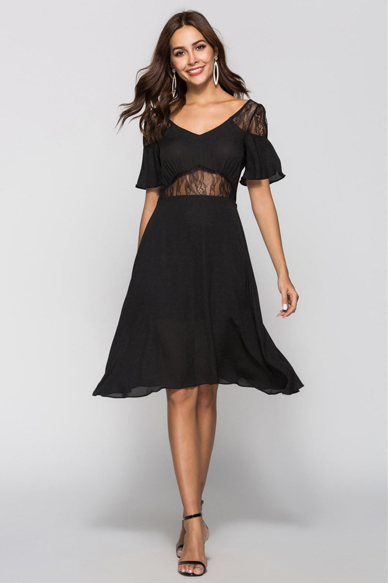 Load image into Gallery viewer, A-line Black Cocktail Dress with Lace