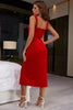 Load image into Gallery viewer, Red Velvet Midi Party Dress with Slit