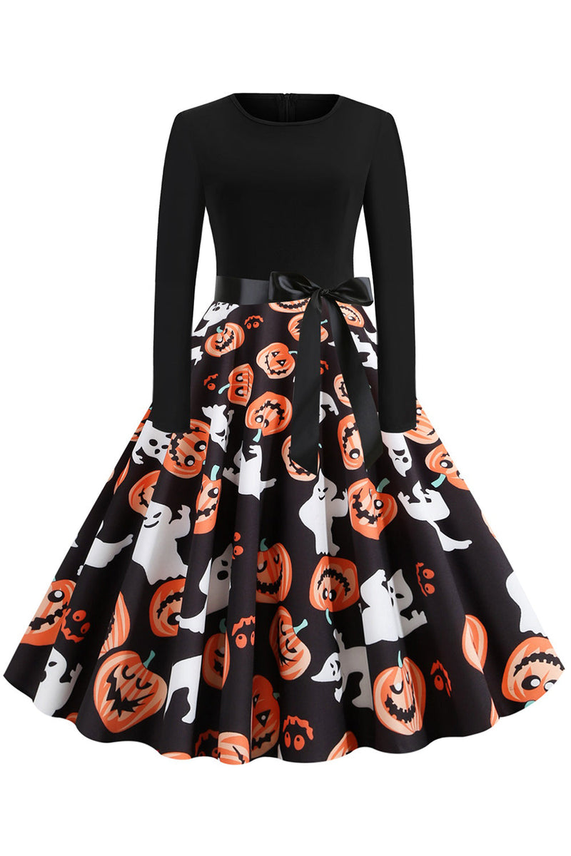 Load image into Gallery viewer, Black Pumpkin Lantern Printed Halloween Dress