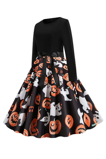 Black Pumpkin Lantern Printed Halloween Dress