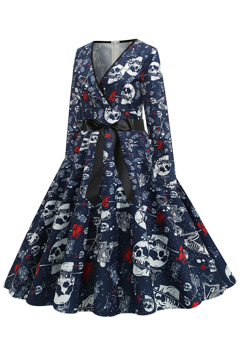 Load image into Gallery viewer, V Neck Skull Printed Navy Halloween Dress
