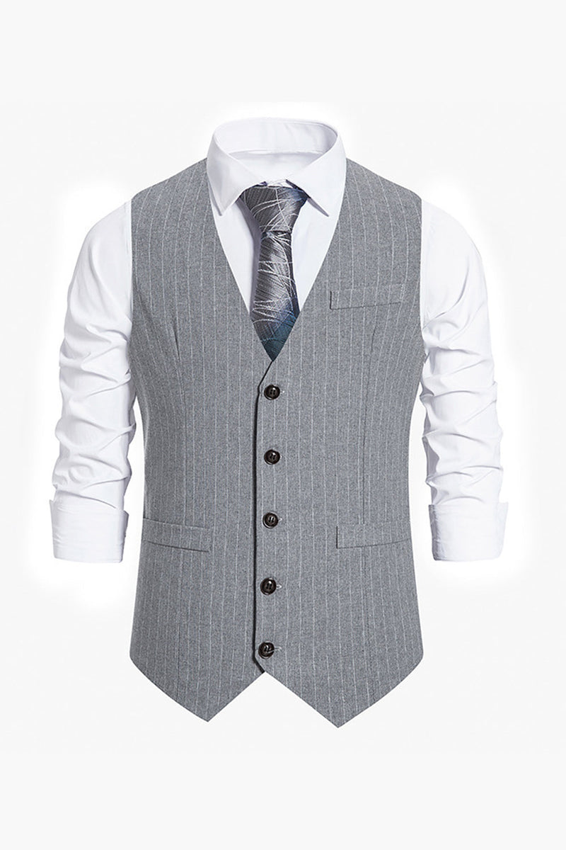 Zapaka Grey Men's Suit Vest Single Breasted Slim Fit Striped Business ...