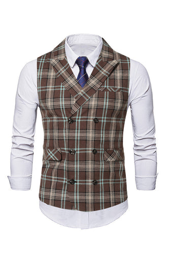 Peak Lapel LinkedIn Striped Double Breasted Brown Mens Suits Vest