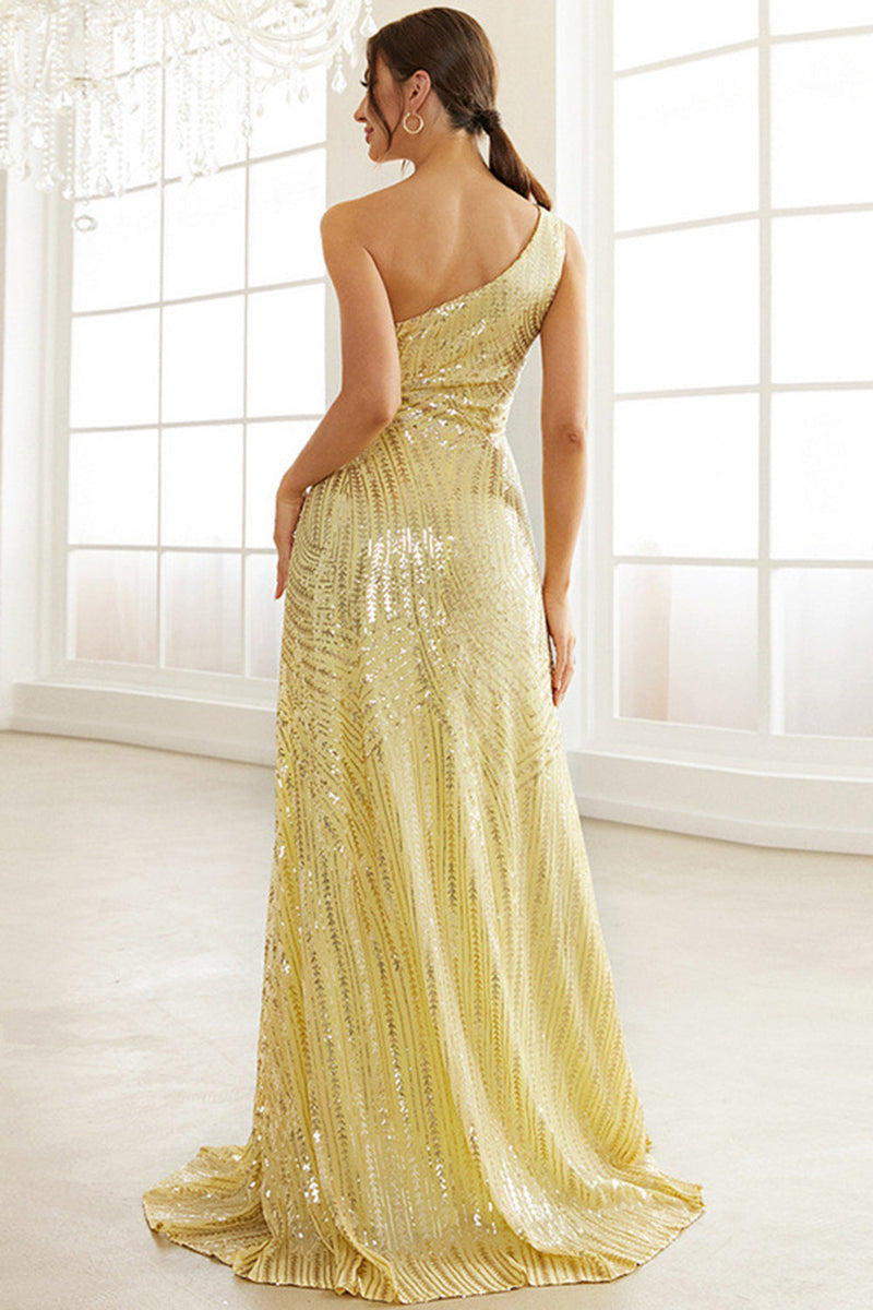 Load image into Gallery viewer, Light Yellow One Shoulder Sequined Prom Dress With Slit