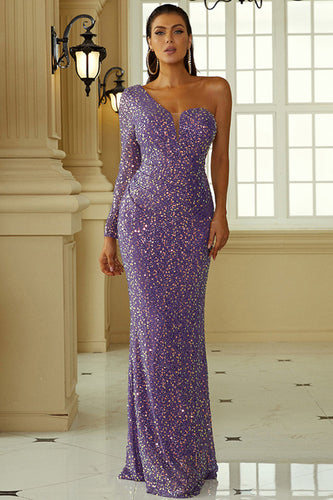 Purple One Shoulder Mermaid Sequined Evening Dress