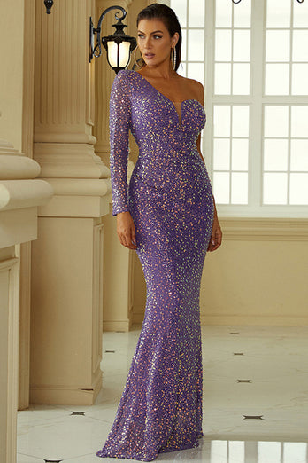 Purple One Shoulder Mermaid Sequined Evening Dress