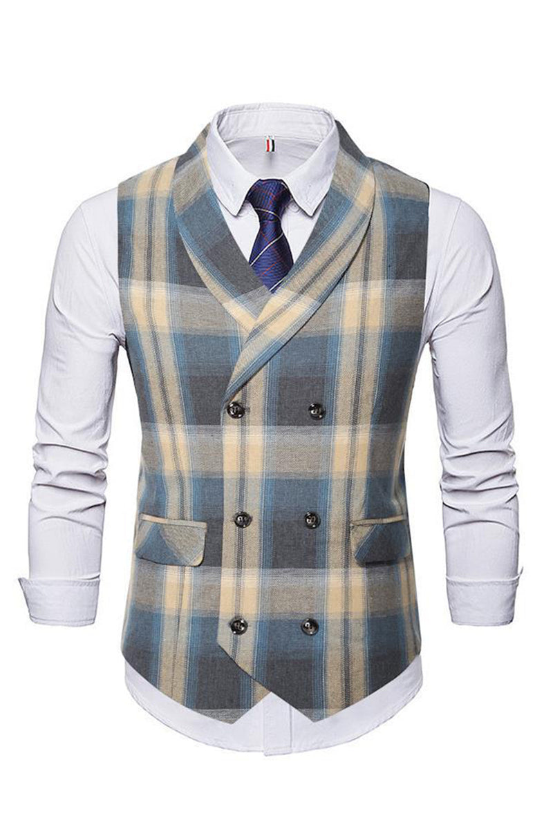 Load image into Gallery viewer, Shawl Collar Double Breasted Grey Grid Men&#39;s Suit Vest