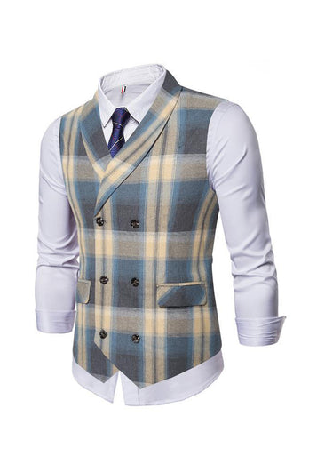 Shawl Collar Double Breasted Grey Grid Men's Suit Vest
