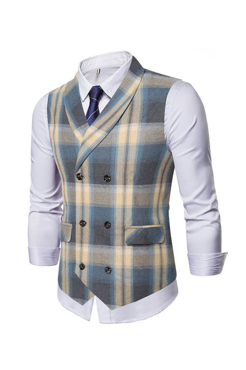 Load image into Gallery viewer, Shawl Collar Double Breasted Grey Grid Men&#39;s Suit Vest