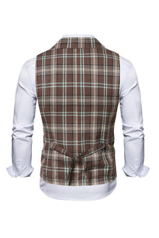 Lapel Collar Double Breasted Casual Coffee Men's Suit Check Vest