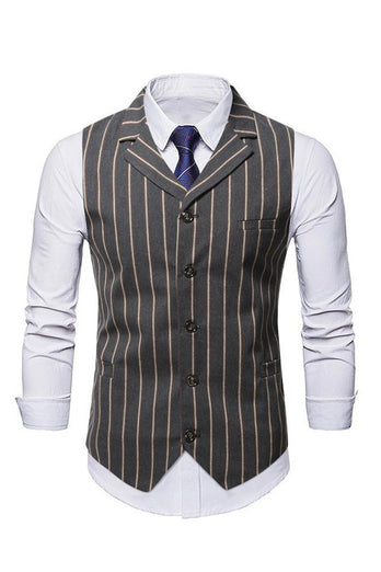 Dark Grey Striped Notched Lapel Men Vest with Shirt Accessories Set
