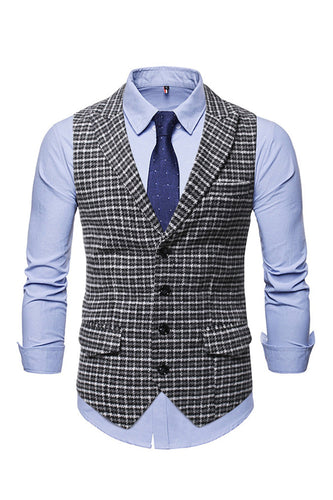 Check Single Breasted Peak Lapel Men's Suit Vest