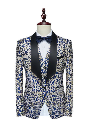 Royal Blue Leopard Printed 3 Piece Men's Suits