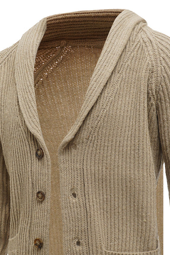 Khaki Shawl Collar Long Sleeves Men's Cardigan Sweater