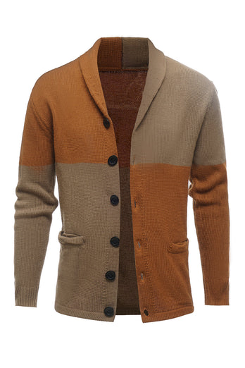 Brown Patchwork Shawl Collar Long Sleeves Men's Cardigan Sweater