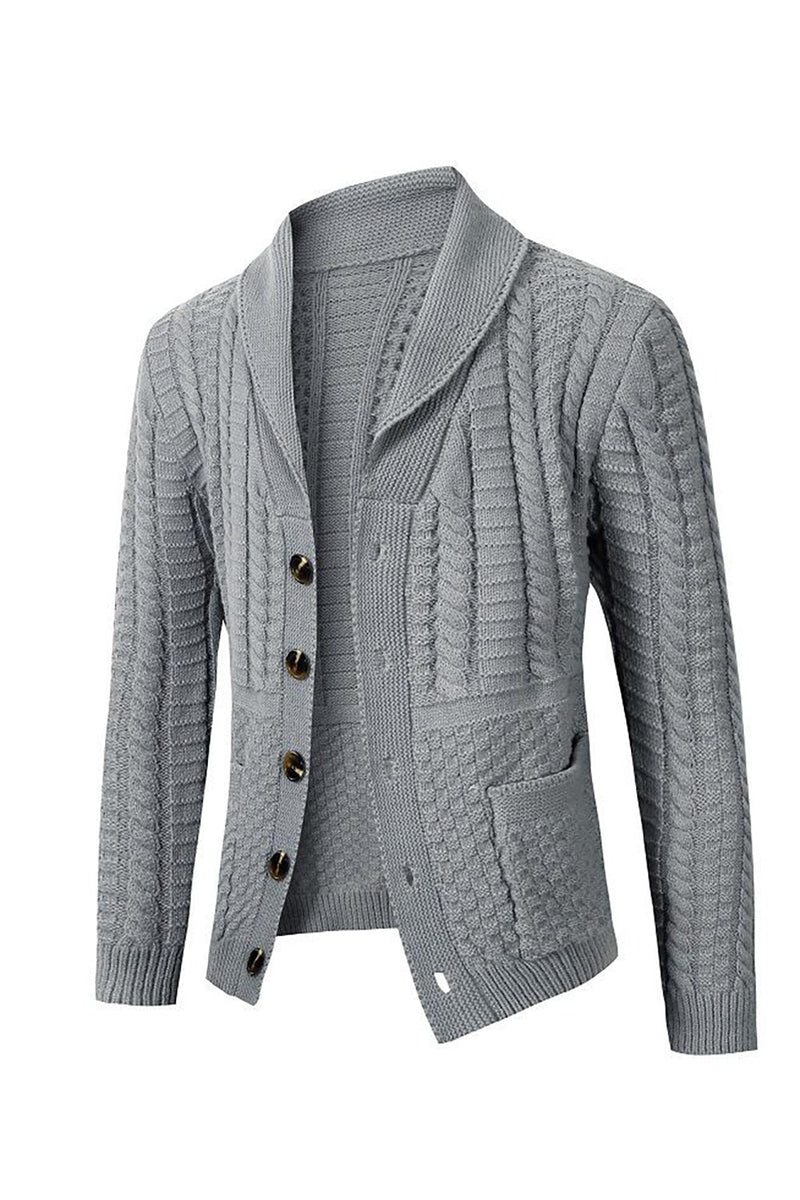 Load image into Gallery viewer, Grey Men&#39;s Casual Shawl Lapel Cardigan Button Down Cable Knitted Sweater