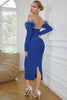 Load image into Gallery viewer, Royal Blue Off the Shoulder Bodycon Midi Dress with Feathers