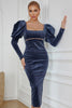 Load image into Gallery viewer, Sheath Square Neck Navy Velvet Holiday Party Dress