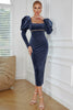 Load image into Gallery viewer, Sheath Square Neck Navy Velvet Holiday Party Dress