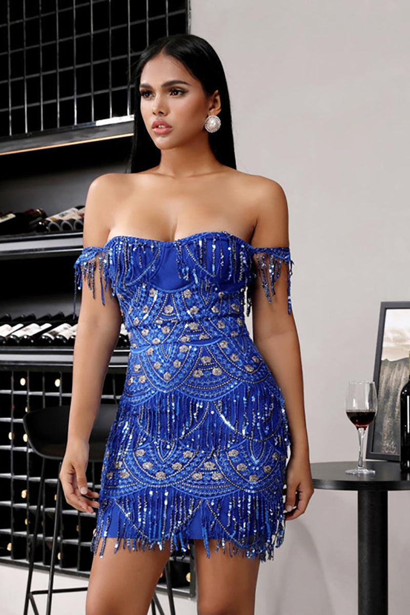 Load image into Gallery viewer, Sheath Off the Shoulder Blue Short Cocktail Dress with Tassel