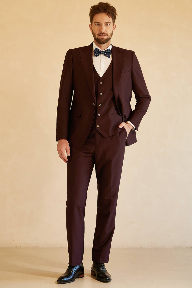 Load image into Gallery viewer, Peak Lapel Single Button Burgundy Men&#39;s Wedding Suit