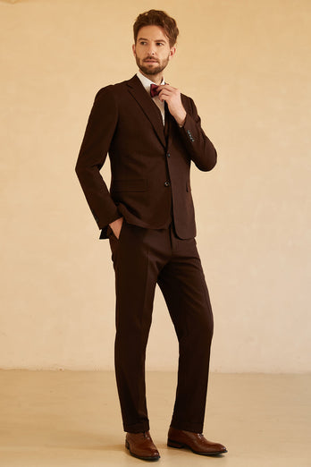 Notched Lapel Two Button Dark Brown 3 Piece Suit Wedding