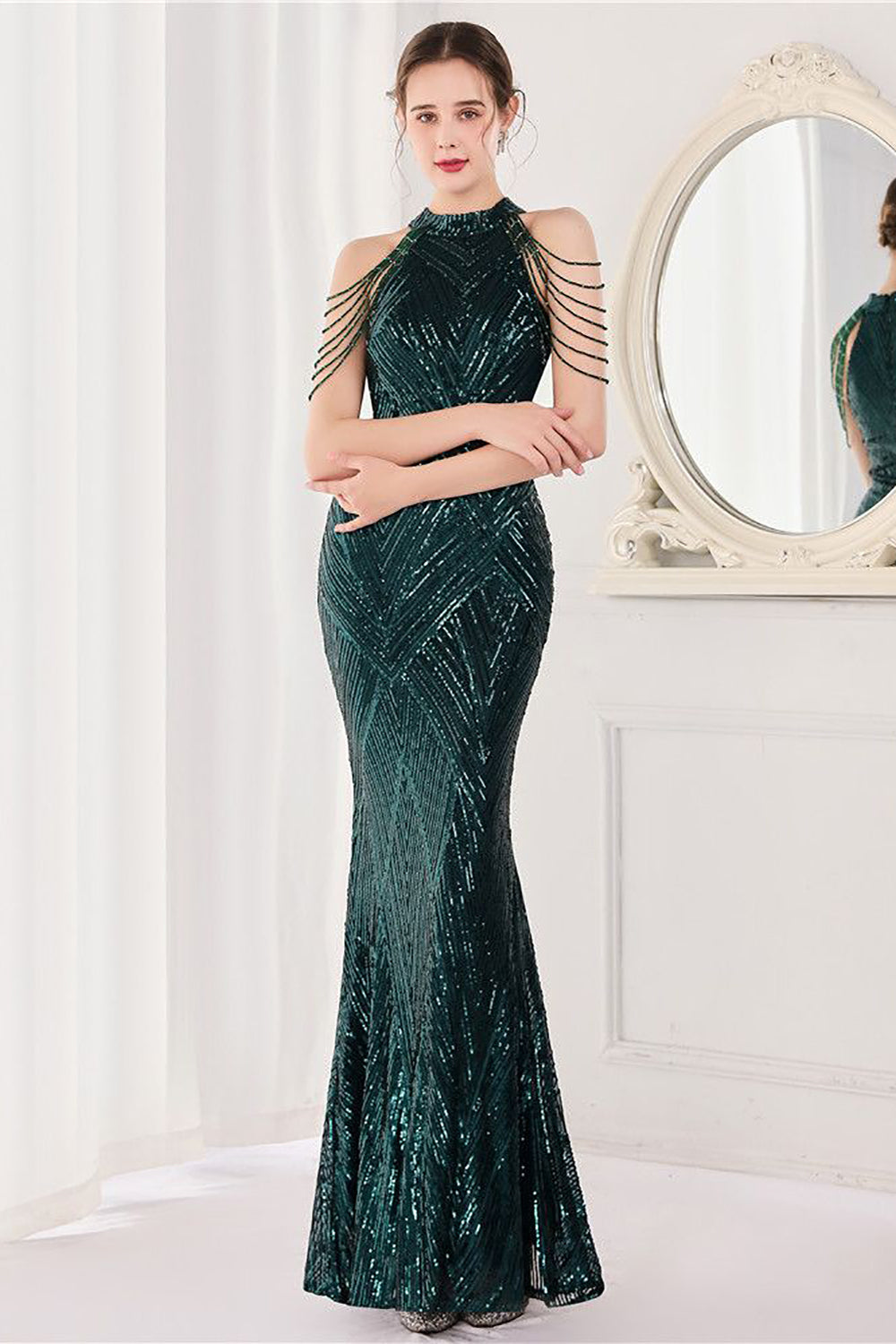 Mermaid Halter Dark Green Sequins Long Prom Dress