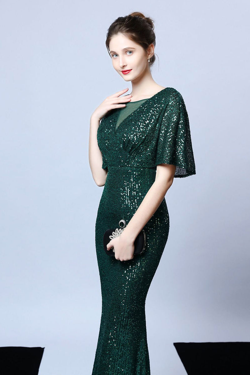 Load image into Gallery viewer, Mermaid V Neck Dark Green Sequins Long Prom Dress with Short Sleeves
