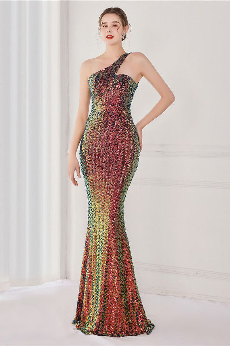 Load image into Gallery viewer, Colorful One Shoulder Sequined Mermaid Evening Dress