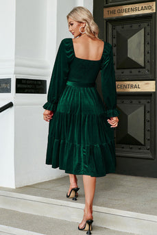 Dark Green Velvet Square Neck Holiday Party Dress