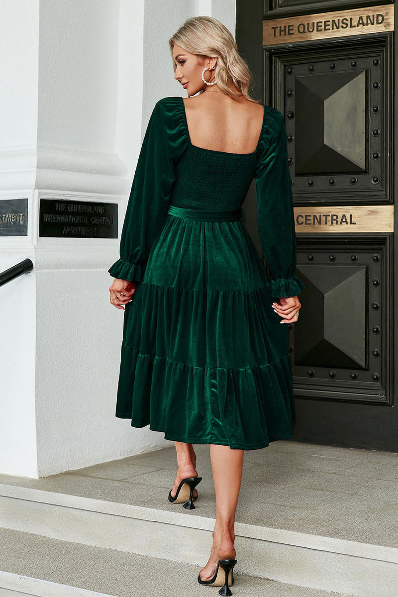 Load image into Gallery viewer, Dark Green Velvet Square Neck Holiday Party Dress